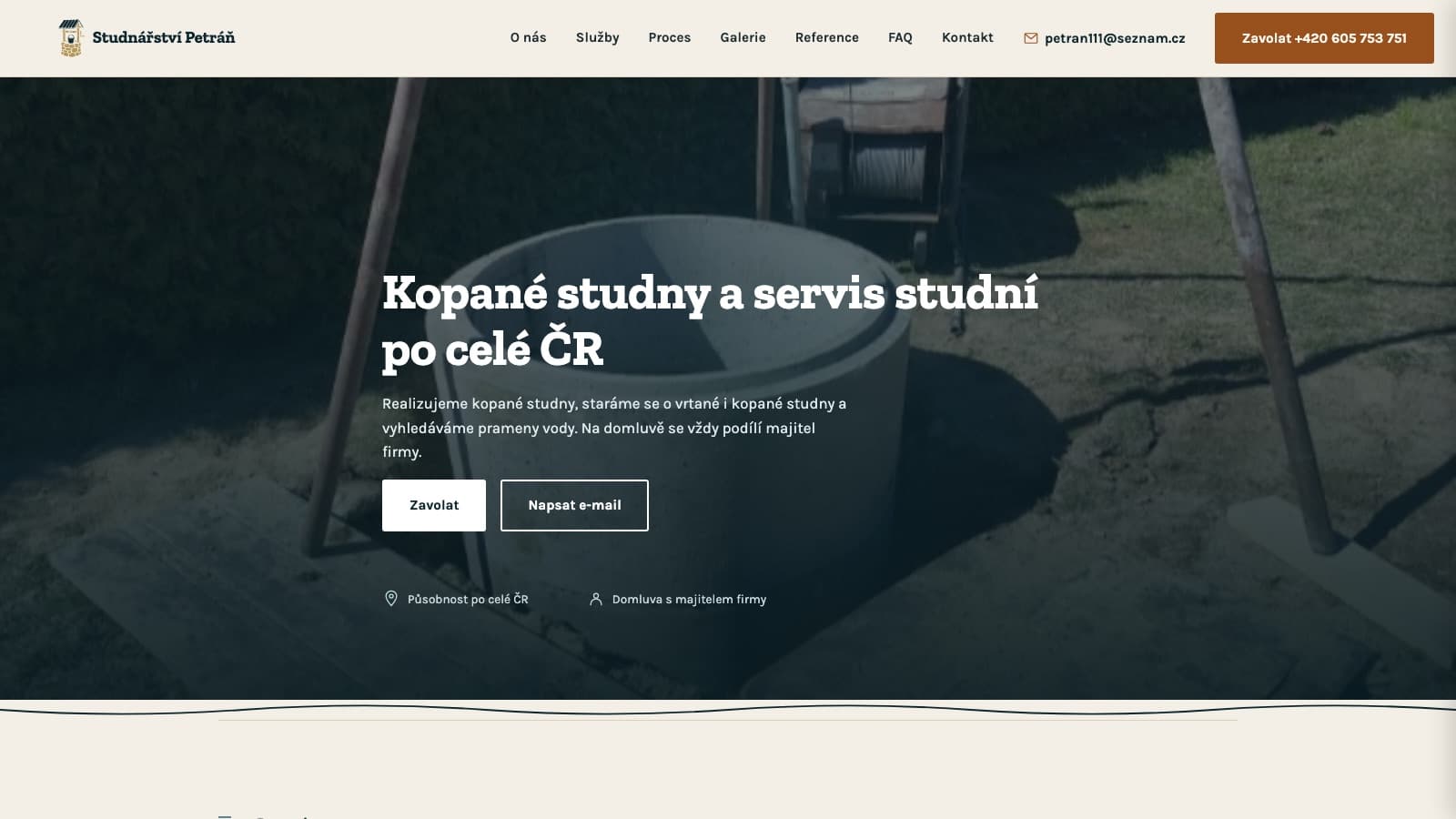Web Studnářství Petráň — kopané studny a servis studní po celé ČR